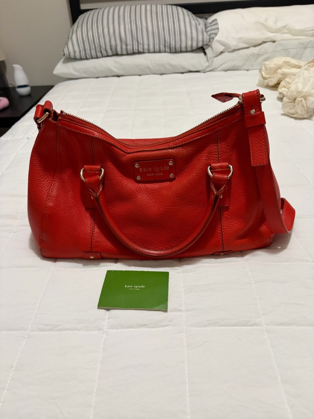 kate spade red pebbled leather shoulder satchel with gold hardware